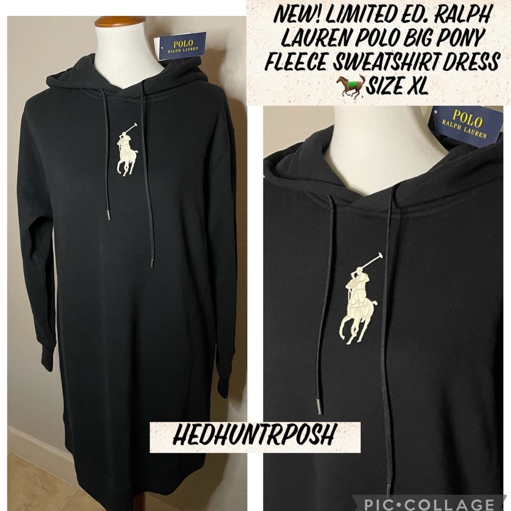 🎉HP🎉New! Polo RL Embroidered Big Pony Black Crm Fleece Sweatshirt Dress XL🖤🐎